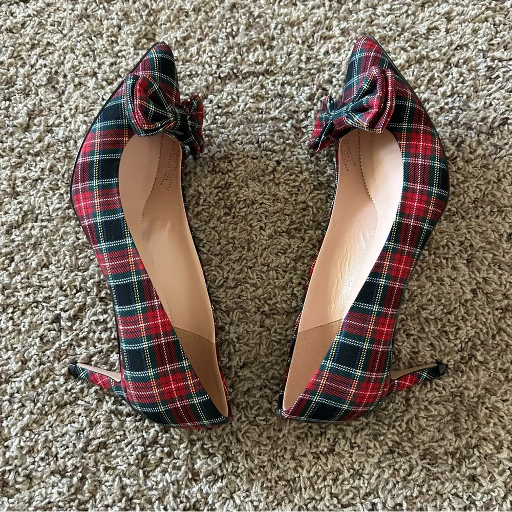 J. Crew Red Green Plaid Bow Pointed-Toe Kitten Heels